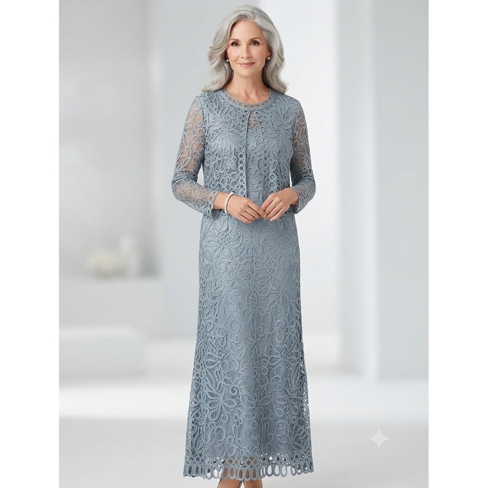 VTG Soulmates Silk Crochet Lace Dress Blue Maxi Sz PL Wedding Mother of Bride